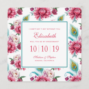 Watercolor Peacock & Red Floral - Bridesmaid Invitation