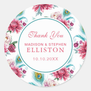 Watercolor Peacock & Red Floral   Thank You Classic Round Sticker