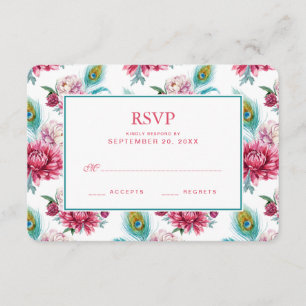 Watercolor Peacock & Red Floral - Wedding RSVP Card