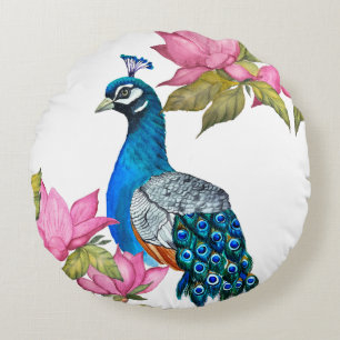 Watercolor peacock round cushion