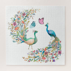 Watercolor Peacocks and Butterflies Jigsaw Puzzle
