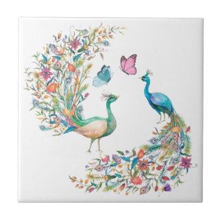 Watercolor Peacocks and Butterflies Tile