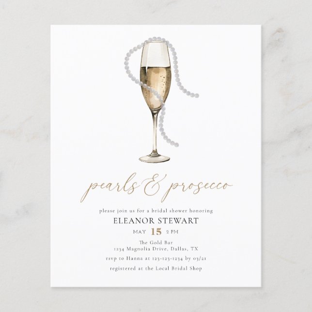 Watercolor Pearls and Prosecco Bridal Shower Flyer (Front)
