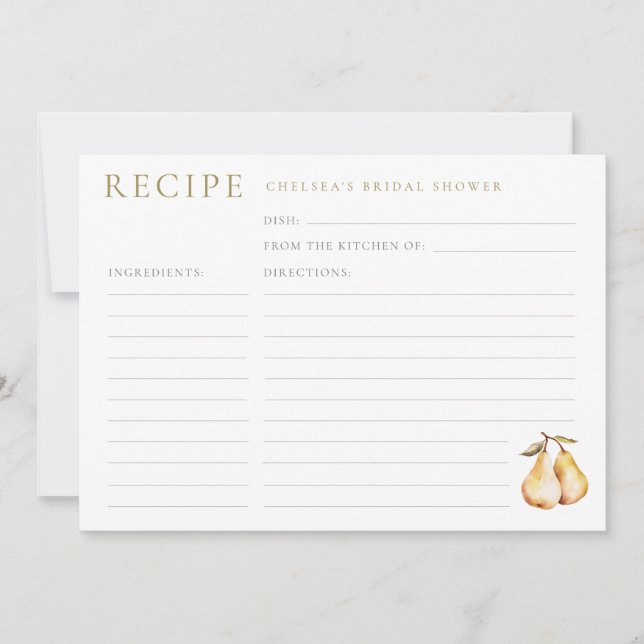 Watercolor Pears Bridal Shower Recipe Card (Front)