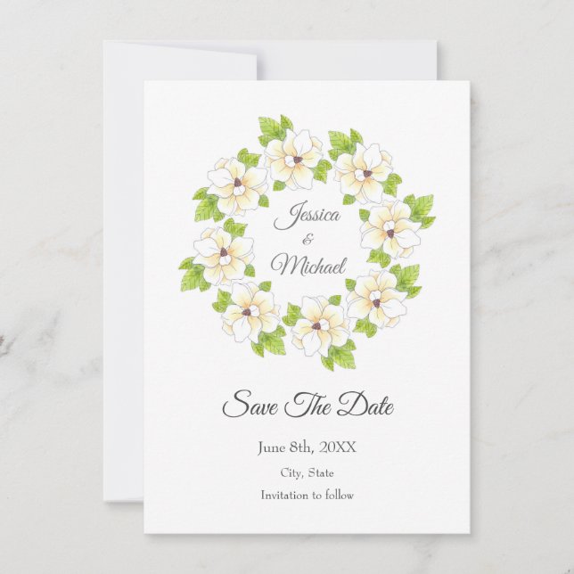 Watercolor, Pen and Ink Magnolia Wreath    Save The Date (Front)