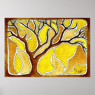 Watercolor Pen and Ink Tree - Yellow Gold Poster