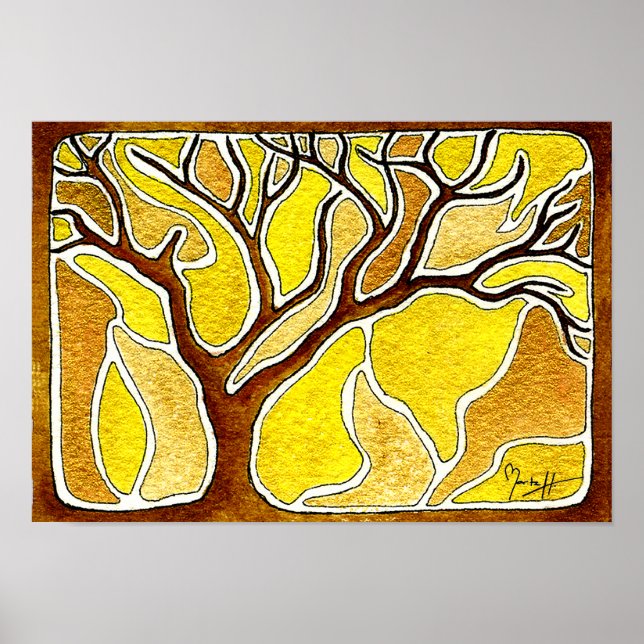 Watercolor Pen and Ink Tree - Yellow Gold Poster (Front)