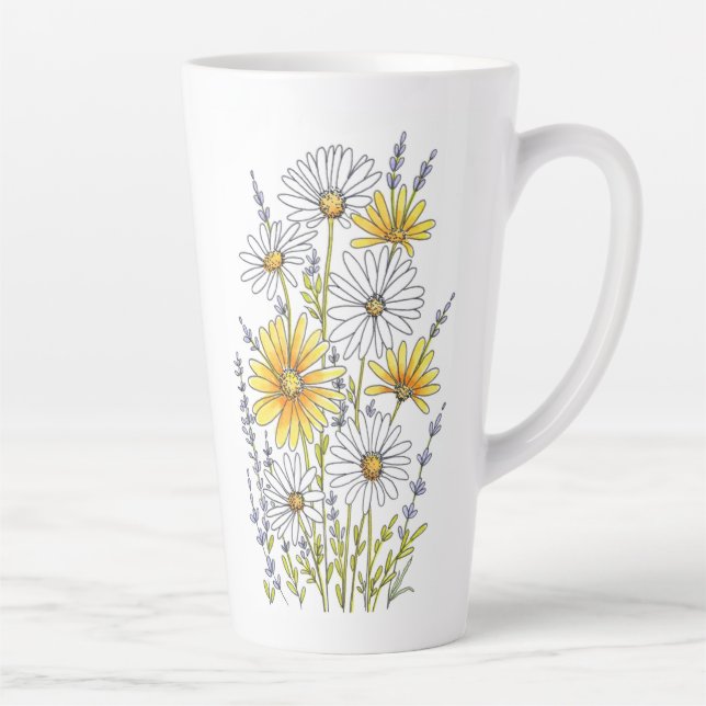 Watercolor, Pen & Ink Daisy Floral Bouquet Latte Mug (Right)