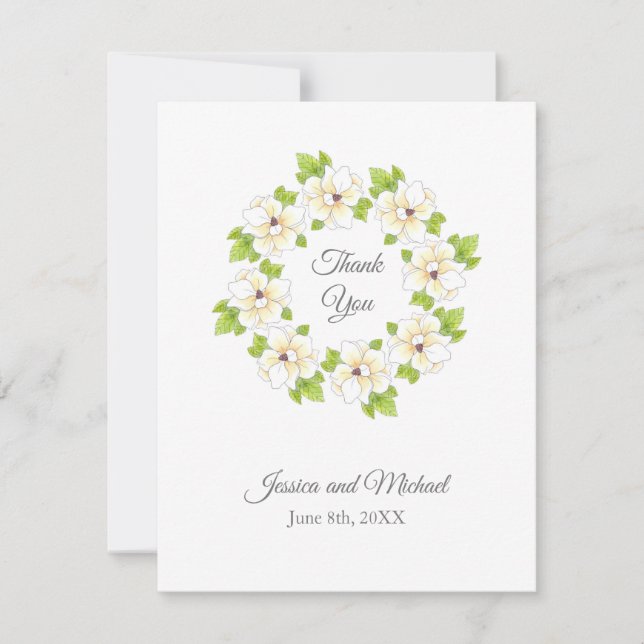Watercolor, Pen & Ink Magnolia Wreath       Thank You Card (Front)