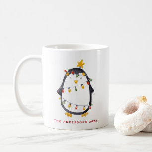 Watercolor Penguin and Christmas Lights Holiday Coffee Mug