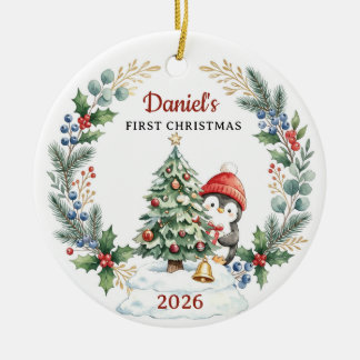 Watercolor Penguin Baby 1st Christmas Tree Ceramic Tree Decoration
