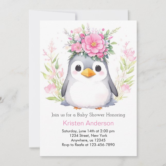 Watercolor Penguin Blissful Girl Baby Shower Invitation (Front)