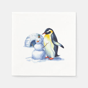 Watercolor Penguin building a snowmen Napkin