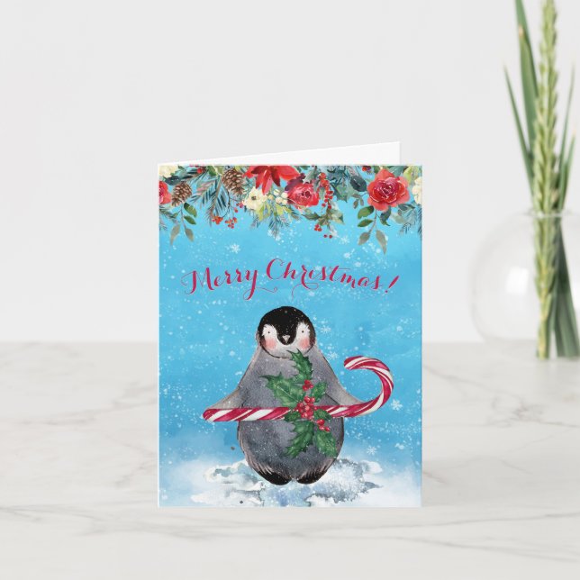 Watercolor Penguin Merry Christmas Holiday Card (Front)