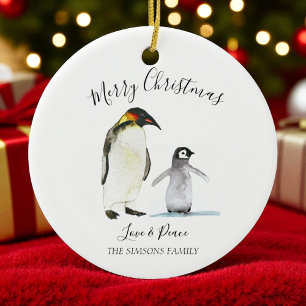 Watercolor Penguin Merry Christmas Merry bright Ceramic Tree Decoration