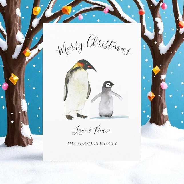 Watercolor Penguin Merry Christmas Merry bright Holiday Card (Creator Uploaded)