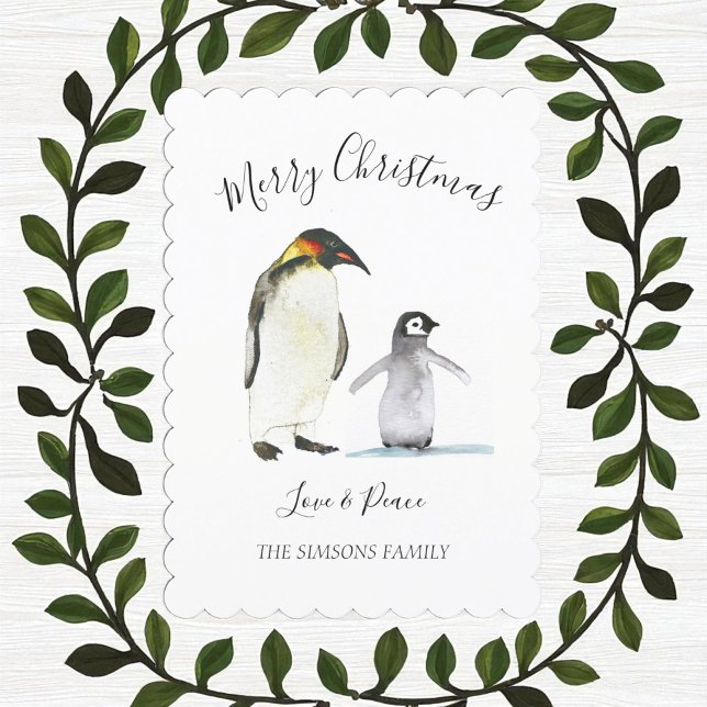 Watercolor Penguin Merry Christmas Merry bright Holiday Card (Creator Uploaded)