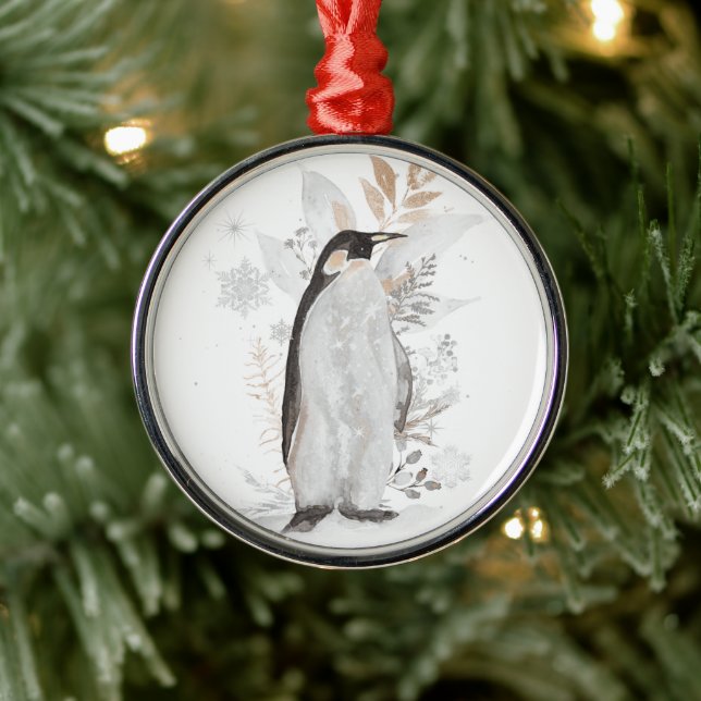 Watercolor Penguin Winter Greenery Ornament (Tree)
