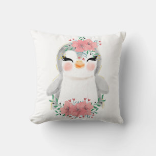 Watercolor Penguin with Florals Throw Pillow