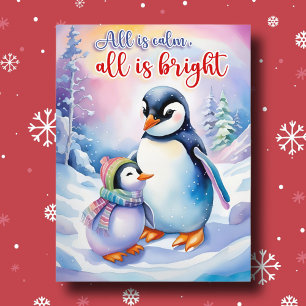 Watercolor Penguins All Is Calm All Is Bright Holiday Postcard