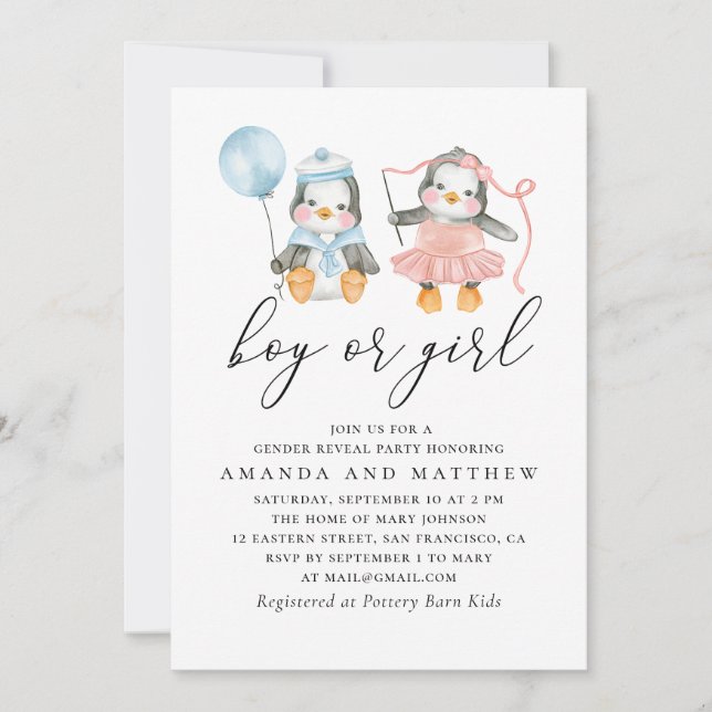 Watercolor penguins. Boy or girl. Gender reveal Invitation (Front)