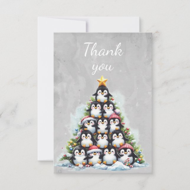 Watercolor Penguins Christmas Tree Thank You Card (Front)