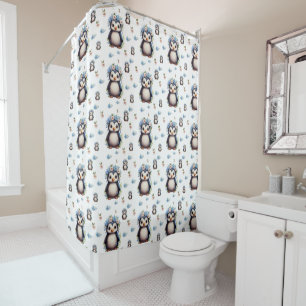 Watercolor Penguins Pattern on White Shower Curtain