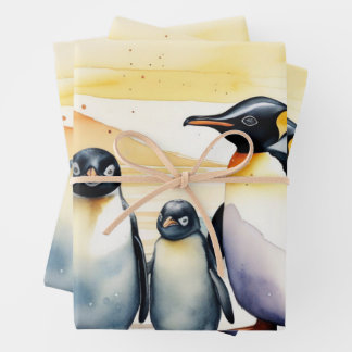 Watercolor Penguins Sliding on Ice Wrapping Paper Sheet