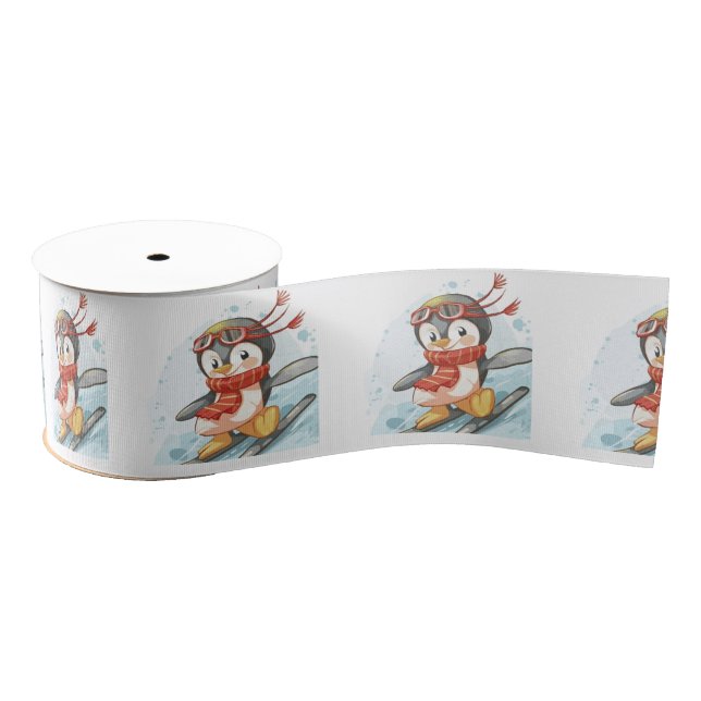 Watercolor Penguins Snow Skiing Grosgrain Ribbon (Spool)