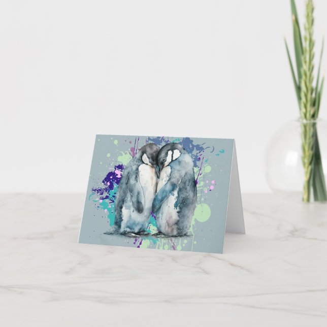 Watercolor Penguins Thank You Card (Front)