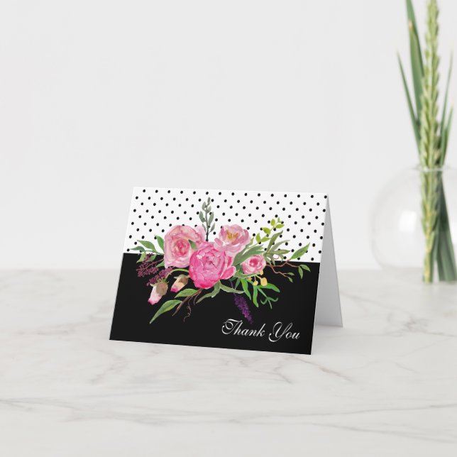 Watercolor Peonies and Dots Thank You Note Card (Front)