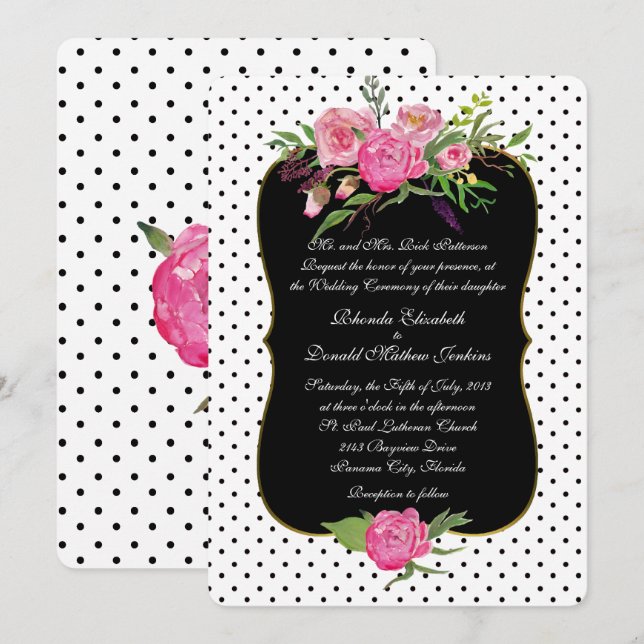 Watercolor Peonies and Dots Wedding Invitation (Front/Back)
