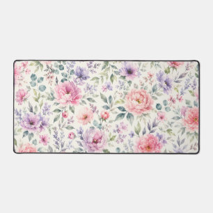 Watercolor Peonies and Lavender Floral Pattern Desk Mat