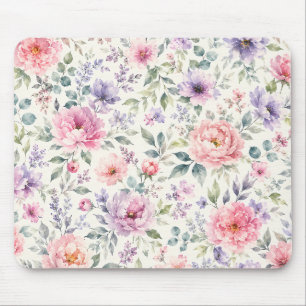 Watercolor Peonies and Lavender Floral Pattern Mouse Mat
