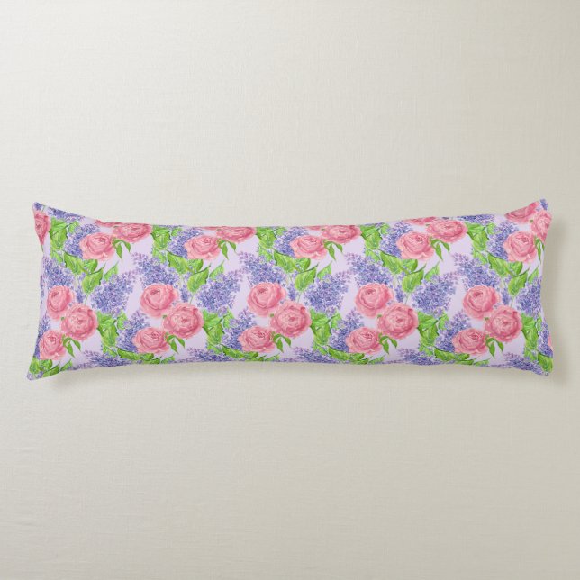 Watercolor peonies and lilacs body cushion (Front)