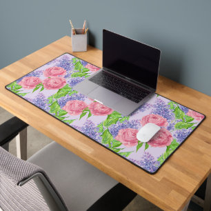 Watercolor peonies and lilacs desk mat