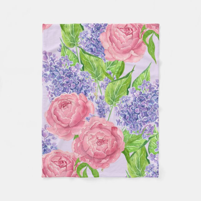 Watercolor peonies and lilacs fleece blanket (Front)