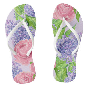 Watercolor peonies and lilacs flip flops