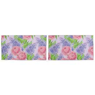 Watercolor peonies and lilacs pillowcase