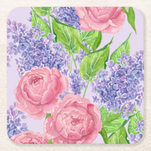 Watercolor peonies and lilacs square paper coaster