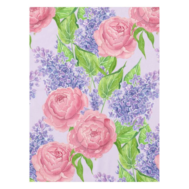 Watercolor peonies and lilacs tablecloth (Front)