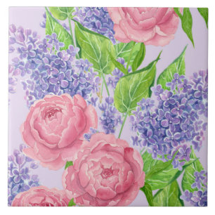 Watercolor peonies and lilacs tile