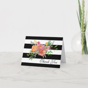 Watercolor Peonies and Stripes Thank You Note Card