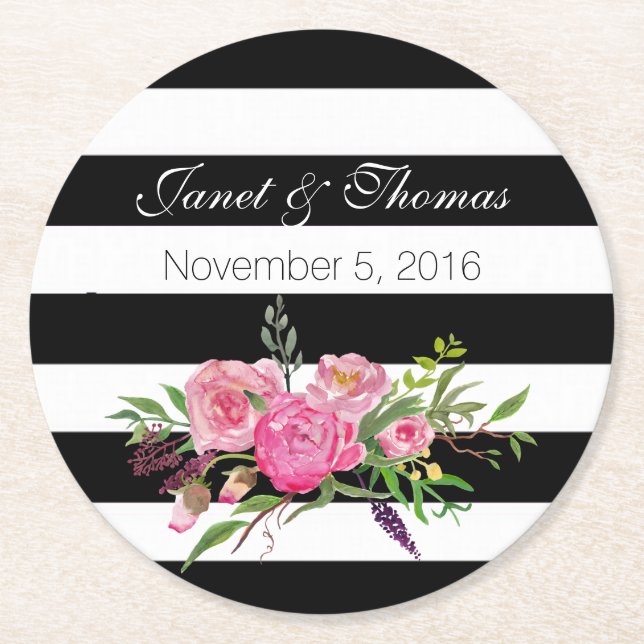 Watercolor Peonies and Stripes Wedding Coasters (Front)