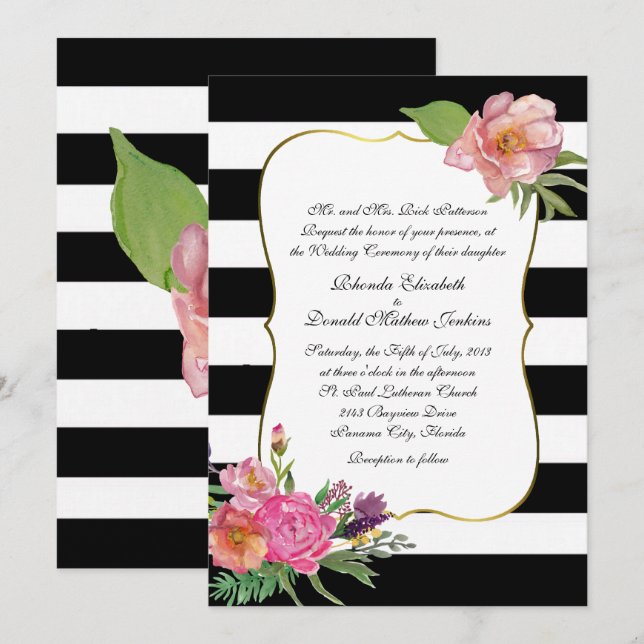 Watercolor Peonies and Stripess Wedding Invitation (Front/Back)