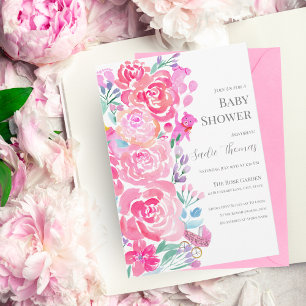 Watercolor Peonies, Bear & Baby Items Baby Shower Invitation