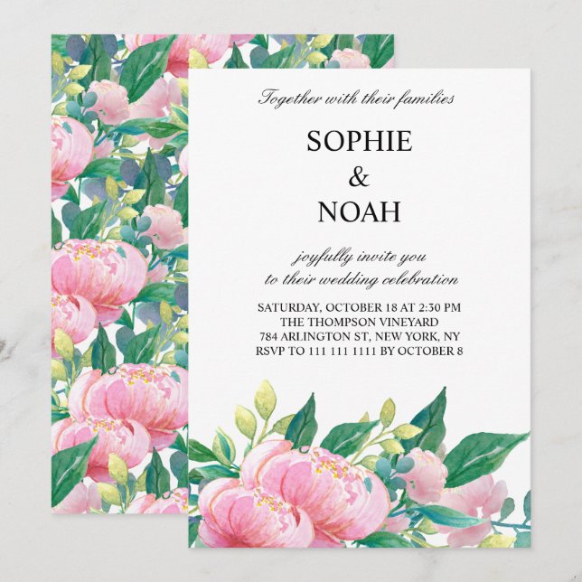Watercolor Peonies Botanical Wedding Invitation (Front/Back)
