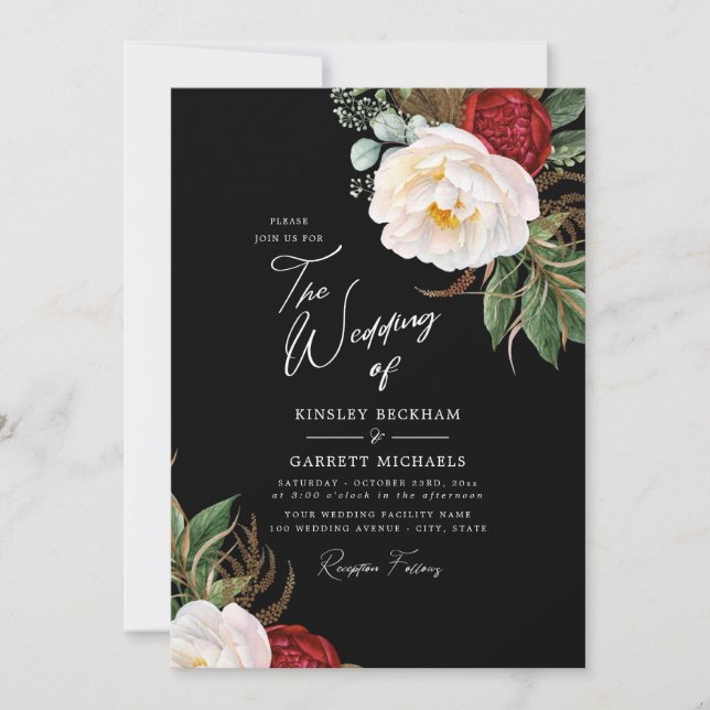 Watercolor Peonies Customisable Black Wedding Invitation (Front)