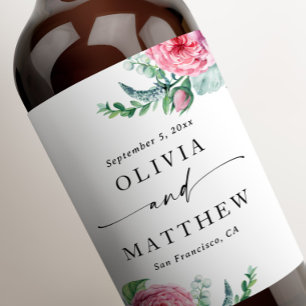 Watercolor peonies. Elegant boho floral wedding Wine Label