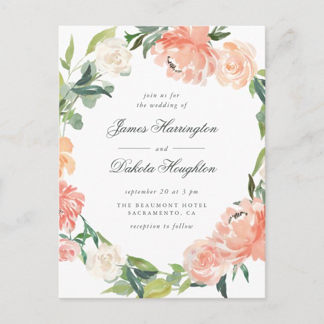 Watercolor Peonies & Eucalyptus Wreath Wedding Invitation Postcard (Front)